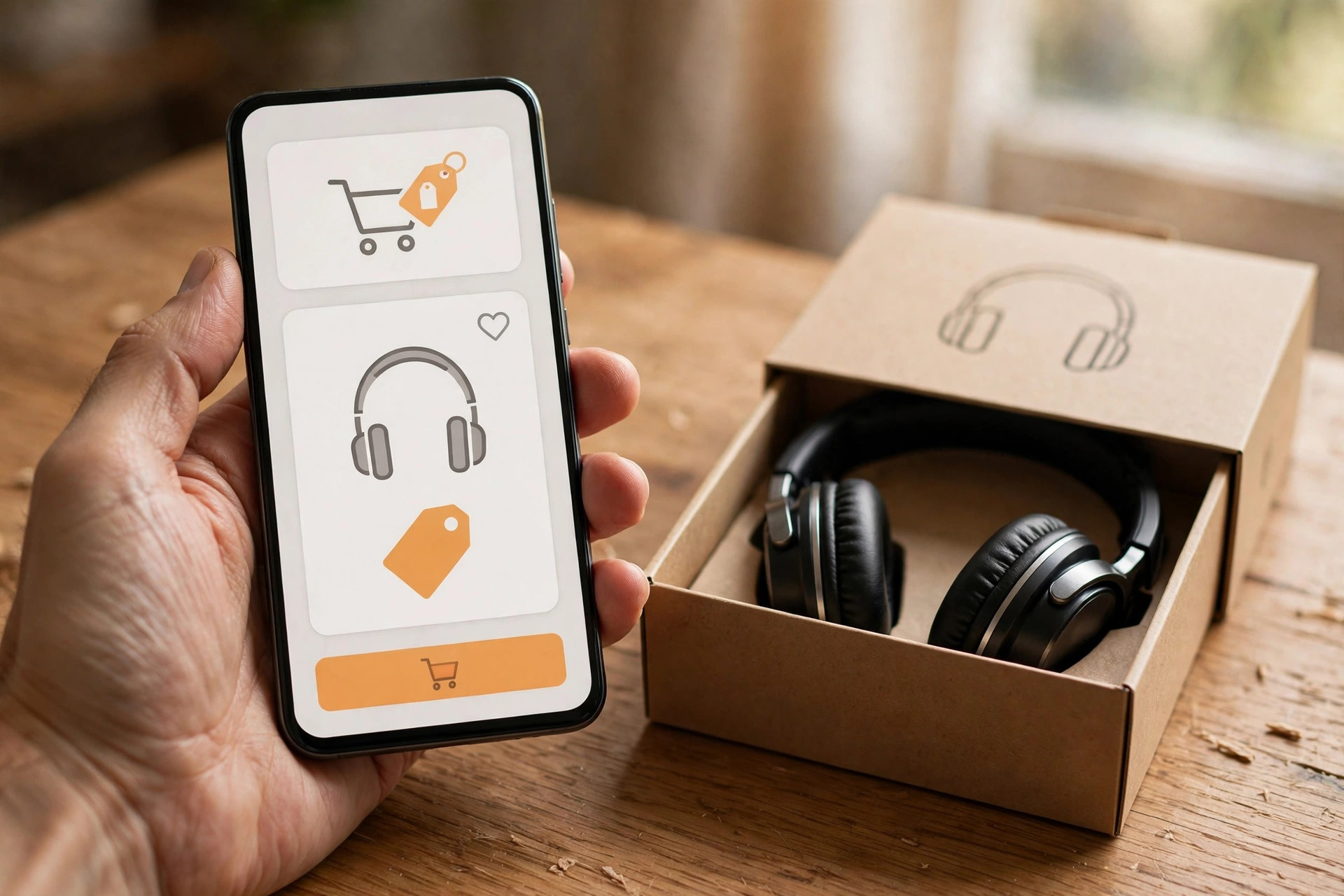 Hand holding a smartphone showing a generic shopping app beside a boxed pair of headphones on a desk