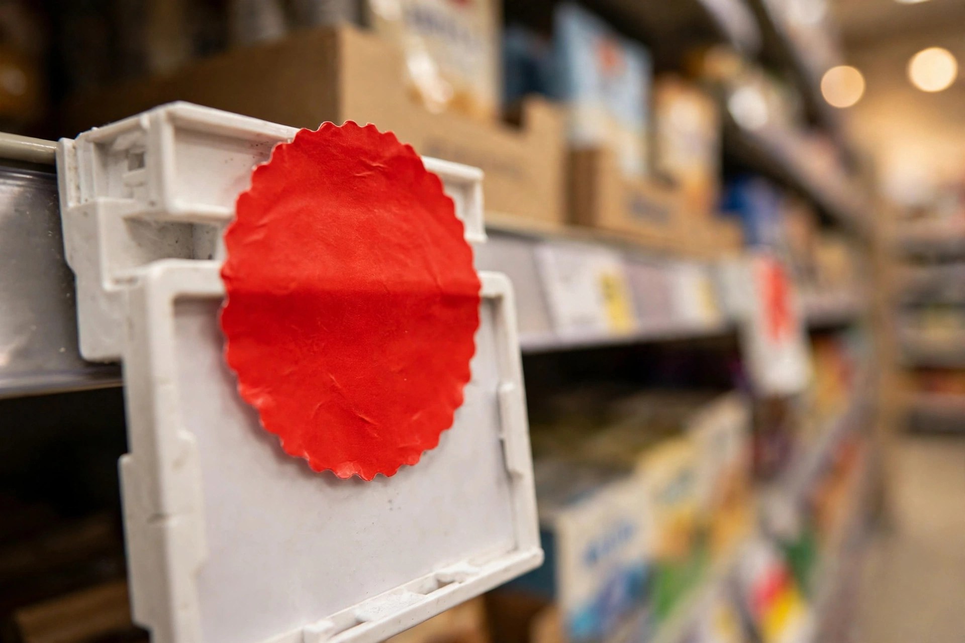 Close-up of a red scalloped clearance sticker on a store shelf price tag, retail aisle softly blurred behind it