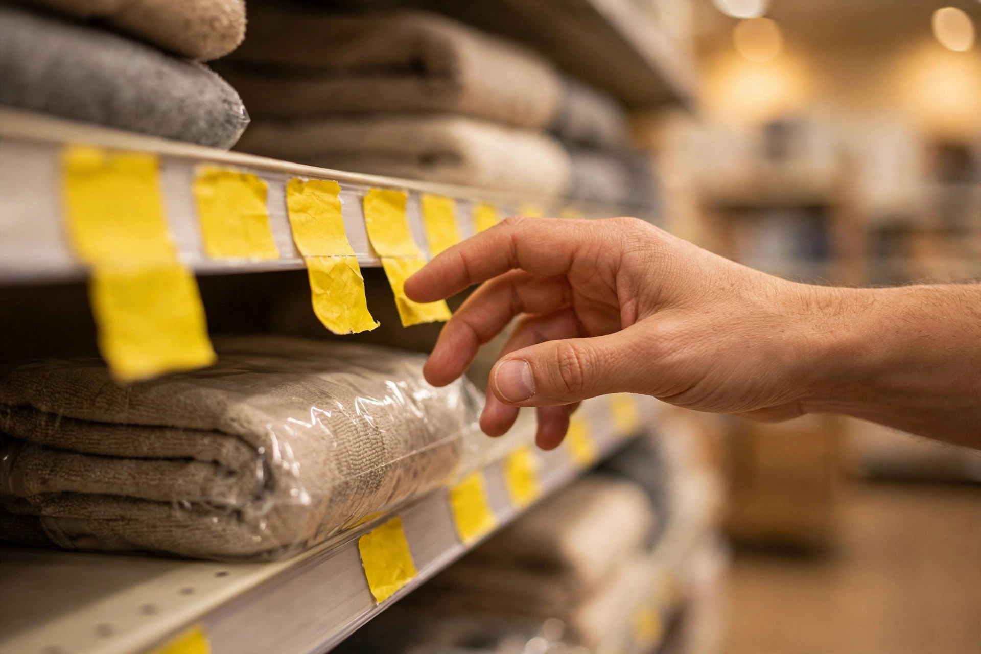 Shopper’s hand reaching toward yellow markdown stickers on folded towels at a store clearance endcap