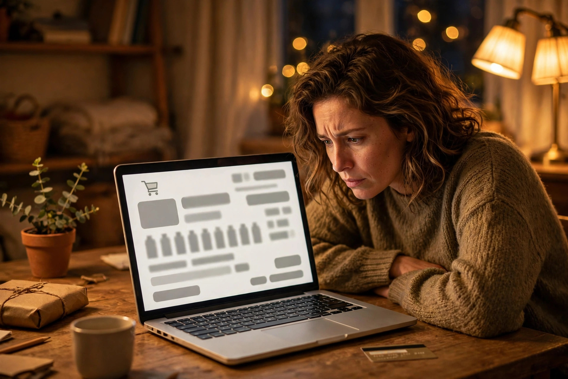 A shopper at a wooden desk in warm evening lamp light, scrutinizing an unfamiliar online store checkout page on a laptop