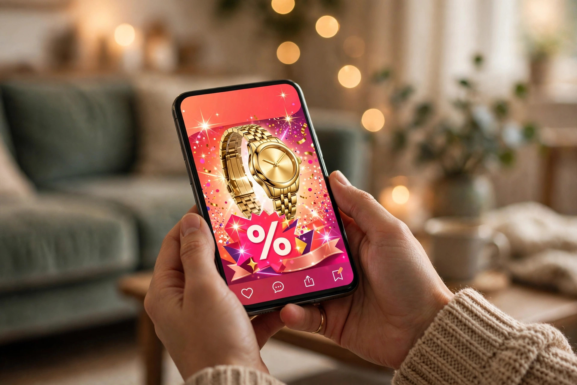 Hands holding a smartphone showing a flashy social media ad for a luxury-looking product at an unbelievably low price