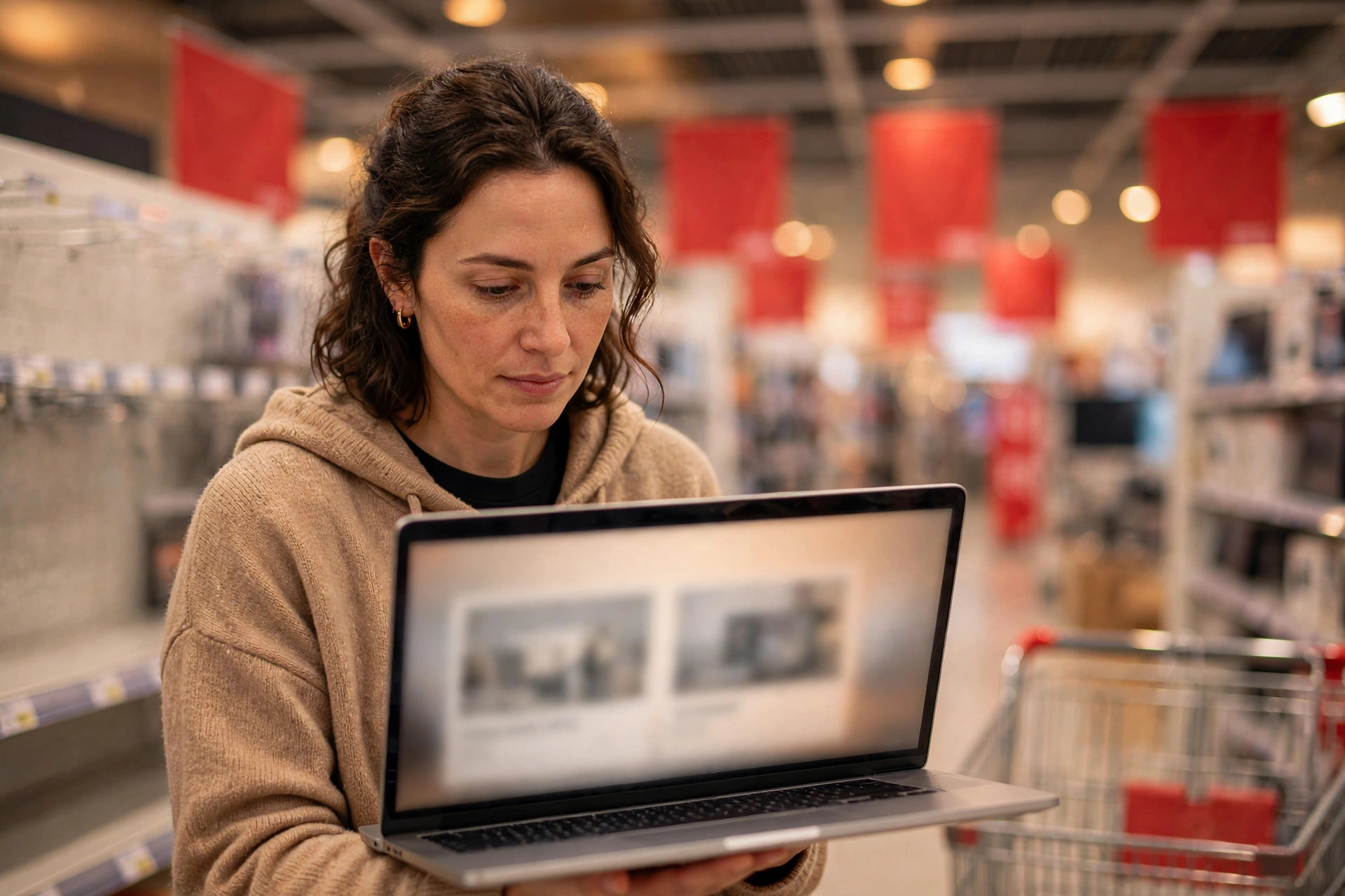 A shopper comparing prices on a laptop in an electronics store during a sale