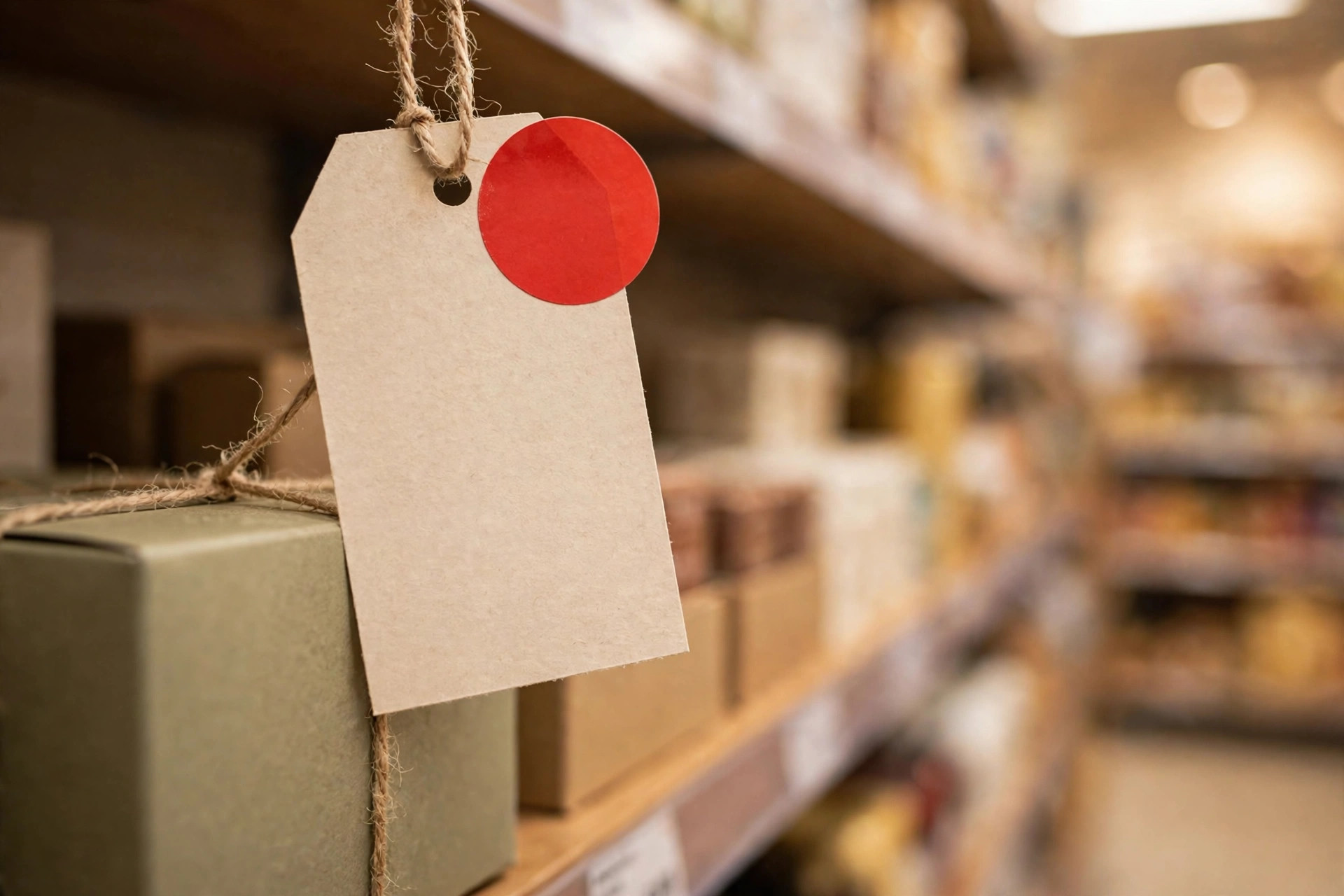 A price tag with a red clearance sticker on a store shelf
