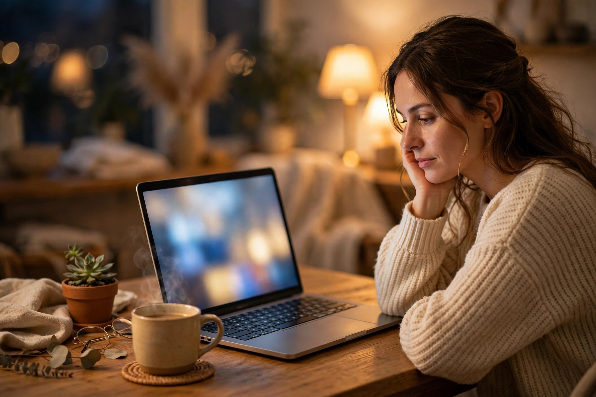 A woman at a wooden desk in warm evening lamp light, carefully reading reviews on a glowing laptop screen
