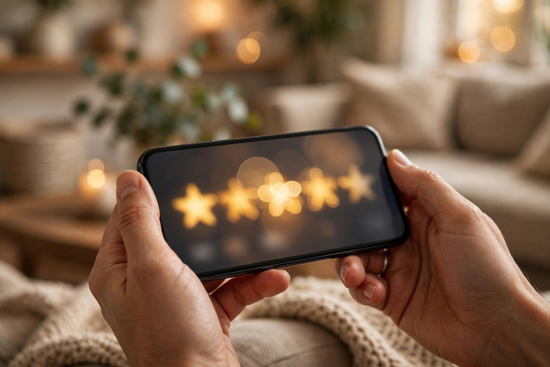 Hands holding a smartphone with a blurred golden star-rating screen, cozy living room softly out of focus