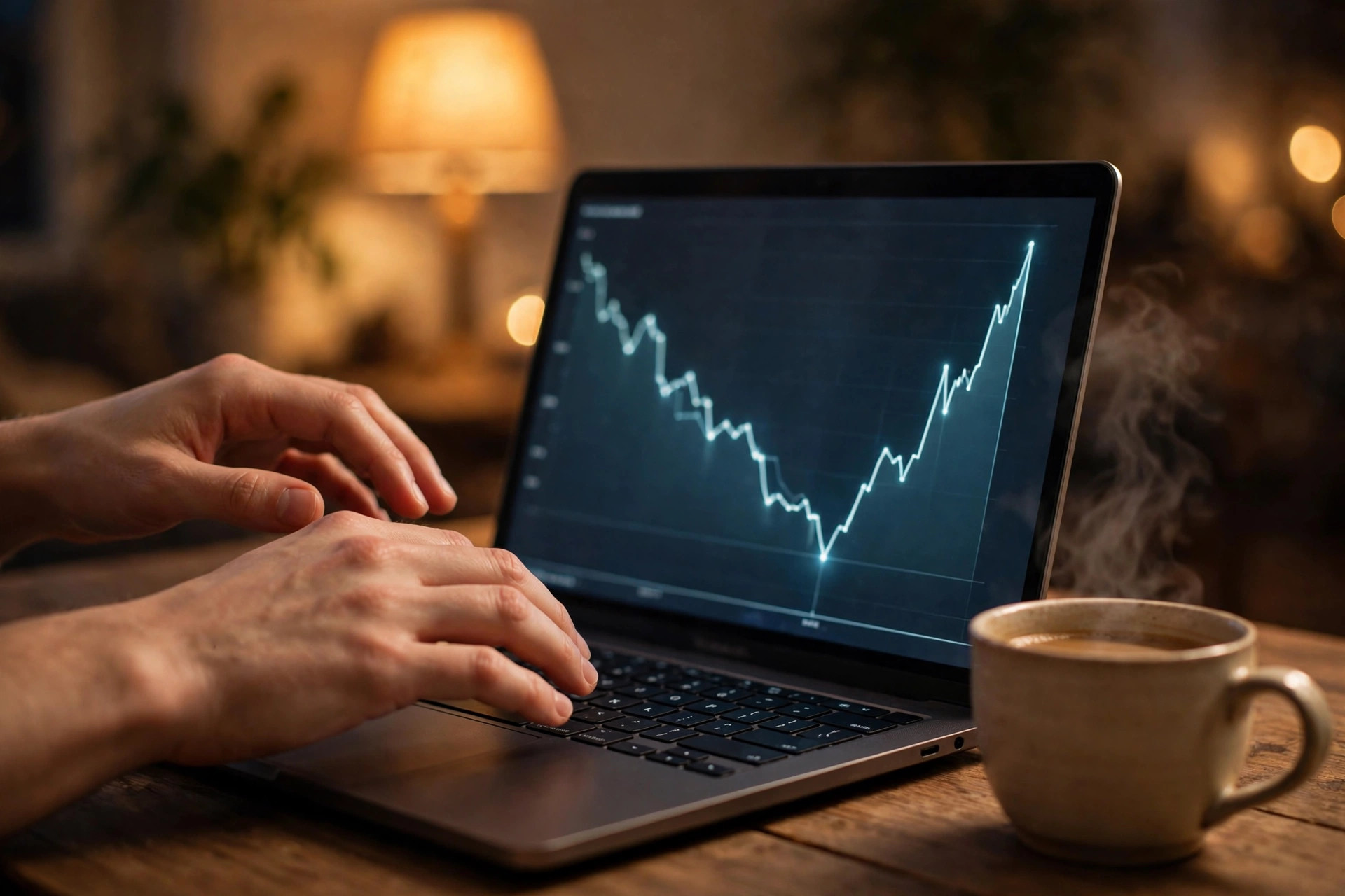 Hands on a laptop keyboard in warm evening lamplight, a glowing price-history line chart on the screen, a coffee cup beside the laptop