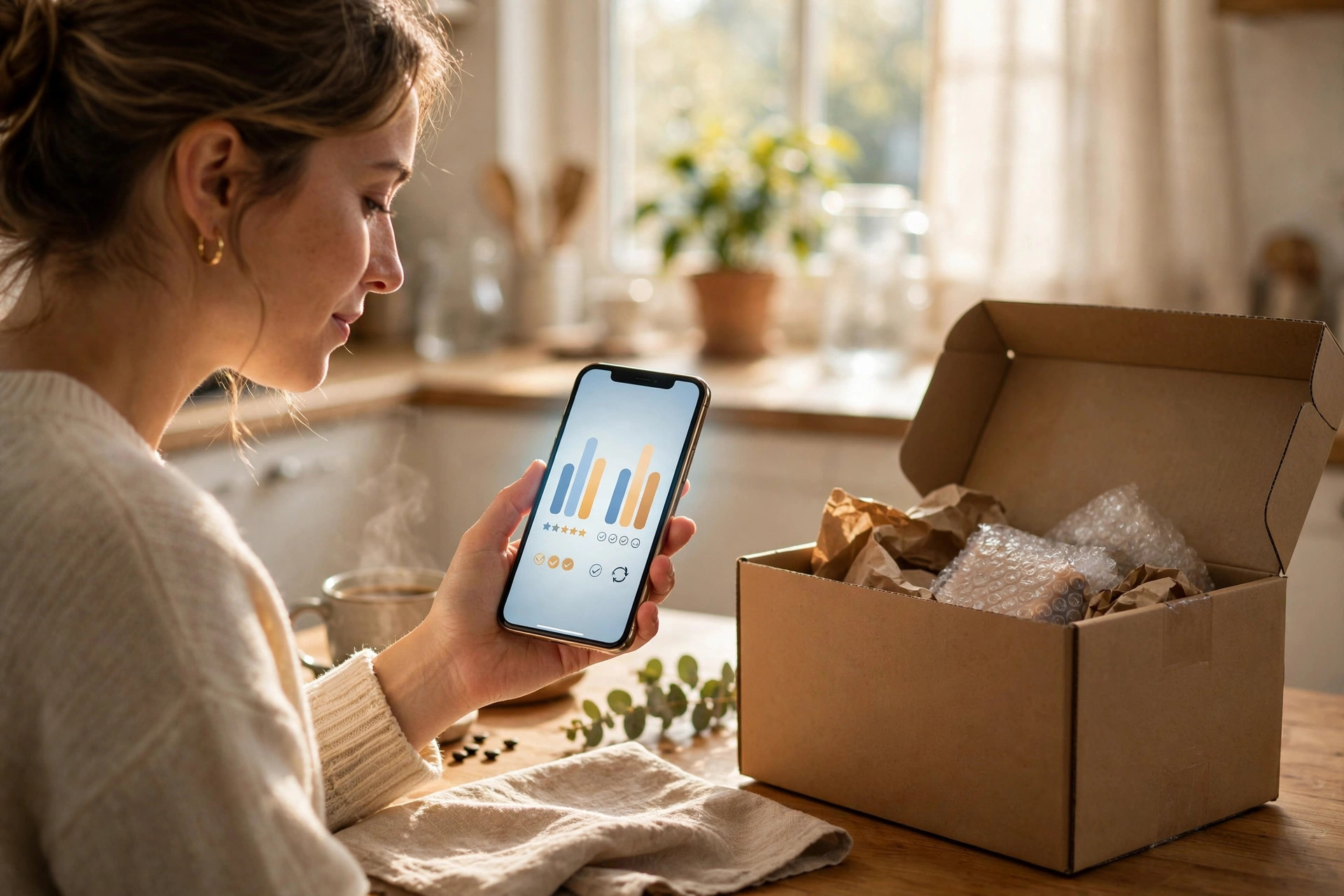 A woman at a sunny kitchen table holding a phone with a price-comparison chart, next to an opened delivery box