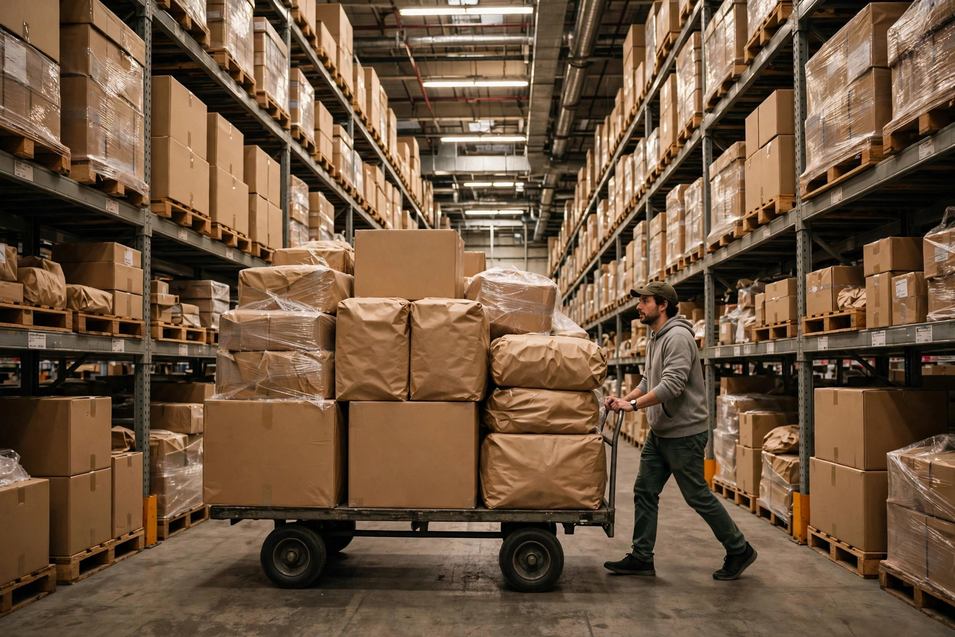 Shopper pushing an oversized flatbed cart stacked with bulk boxes down a tall warehouse club aisle, industrial shelving, fluorescent light, no logos or text