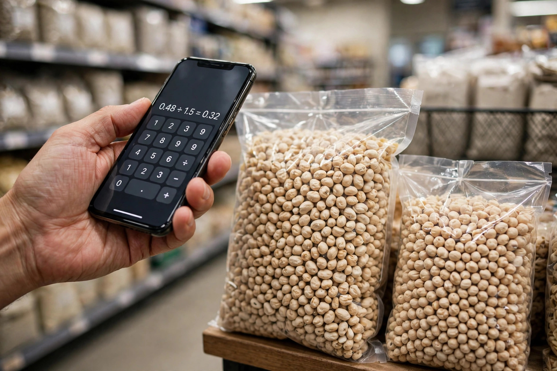 Shopper holding a smartphone calculator beside two different-sized bulk packages on a store shelf, comparing per-unit prices, no logos or text
