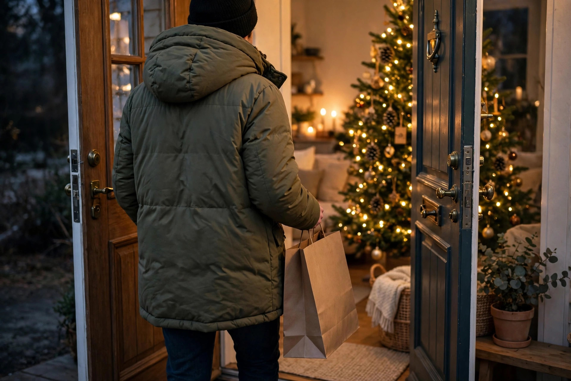 Person in a winter coat carrying a shopping bag into a warm home with a lit Christmas tree