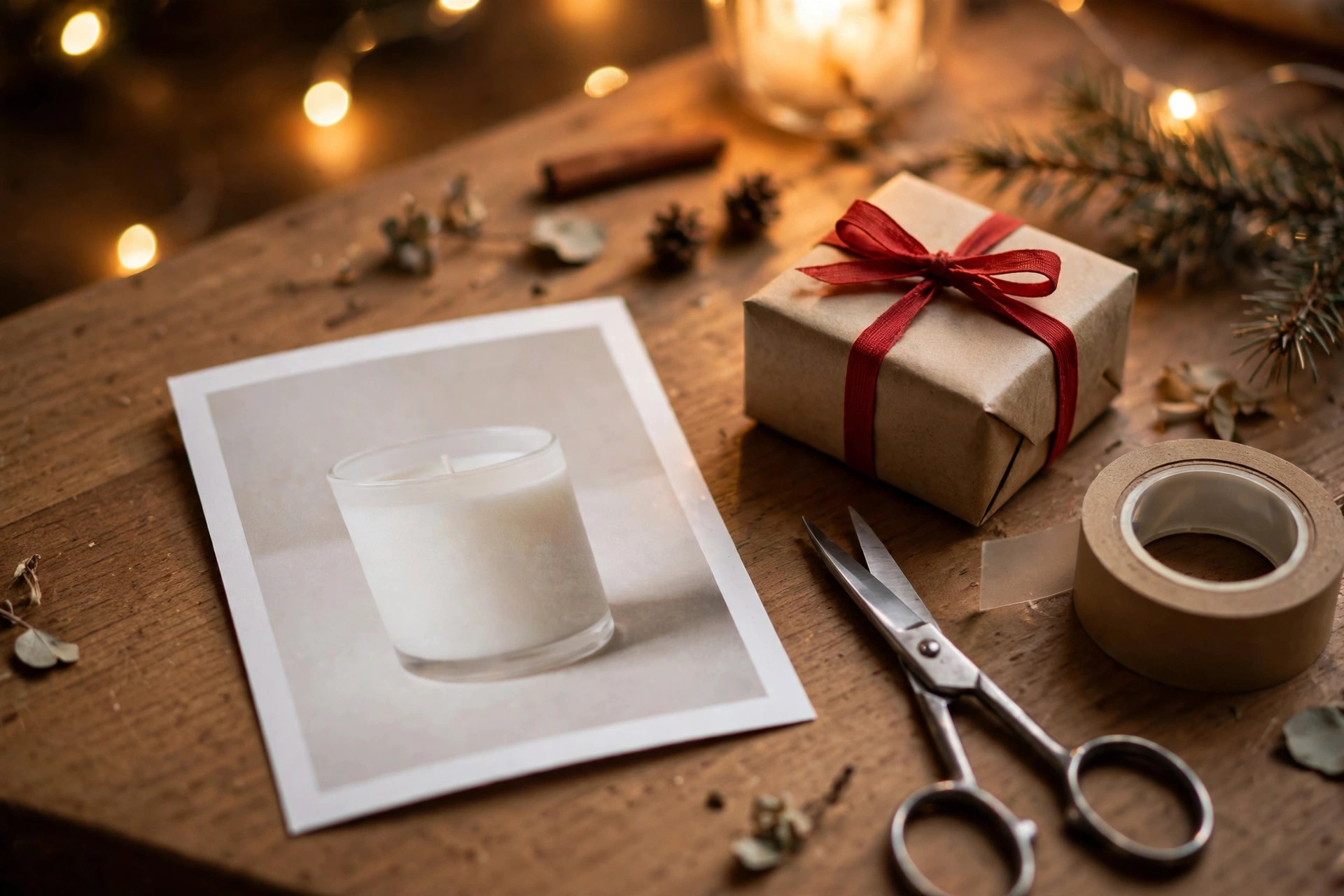 A printed gift card with a product photo beside a wrapped gift box and scissors