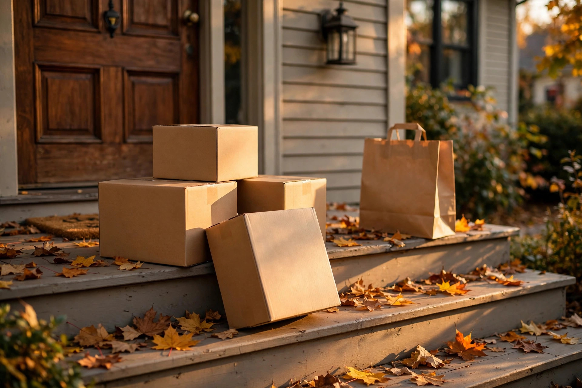 Front doorstep with cardboard shipping boxes and shopping bags in autumn