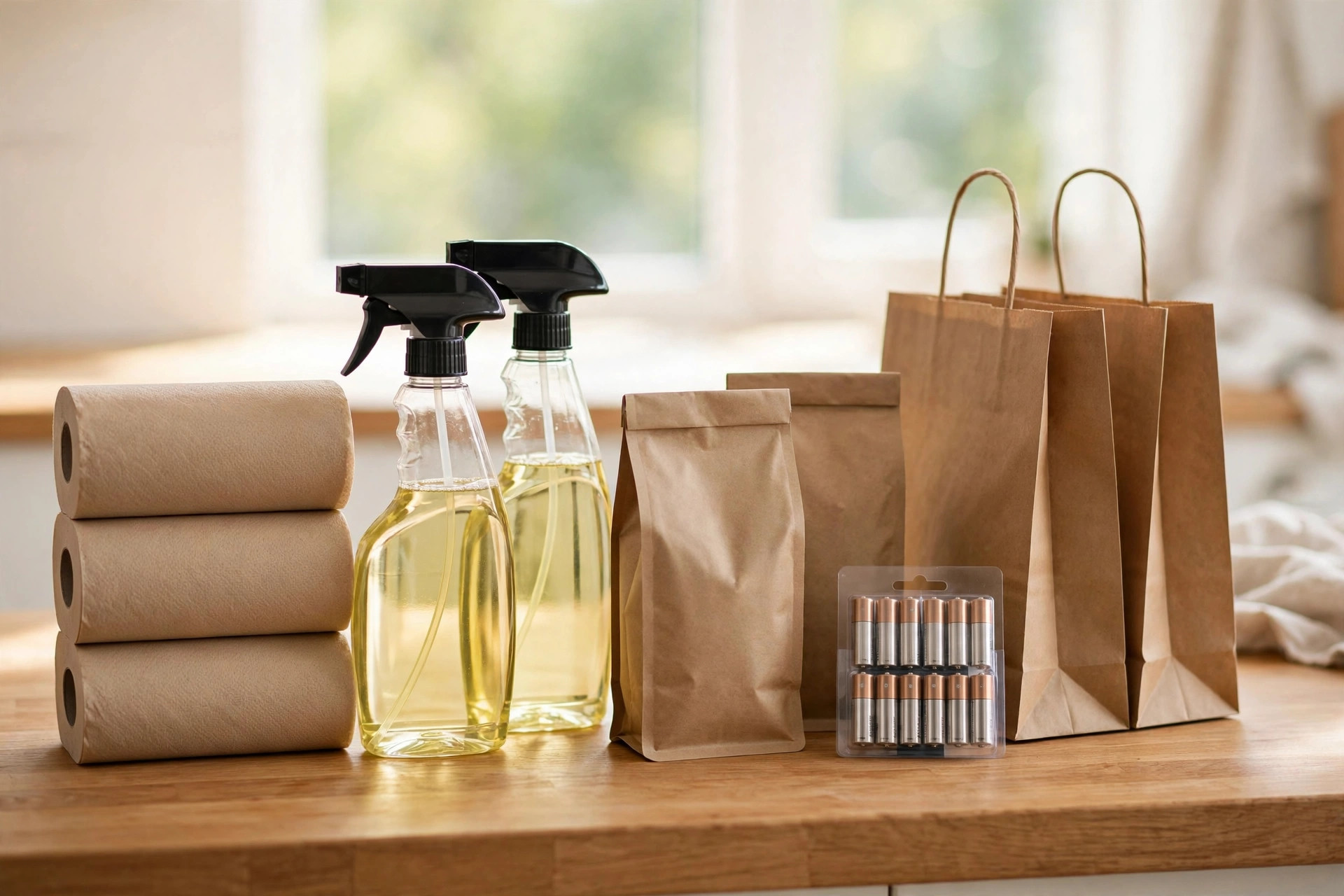 Kitchen counter with neatly organized pantry restock items and shopping bags