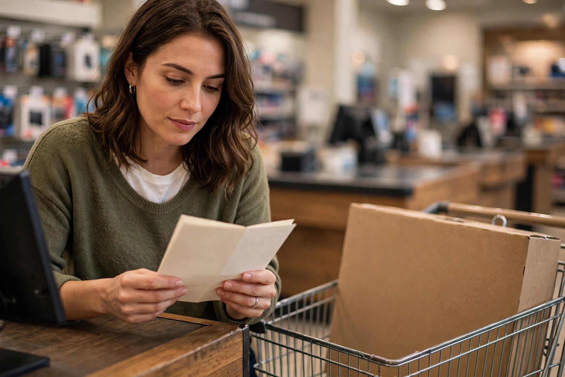 A woman at a store checkout counter reading a service-plan pamphlet, with a boxed flat-screen TV in the shopping cart beside her