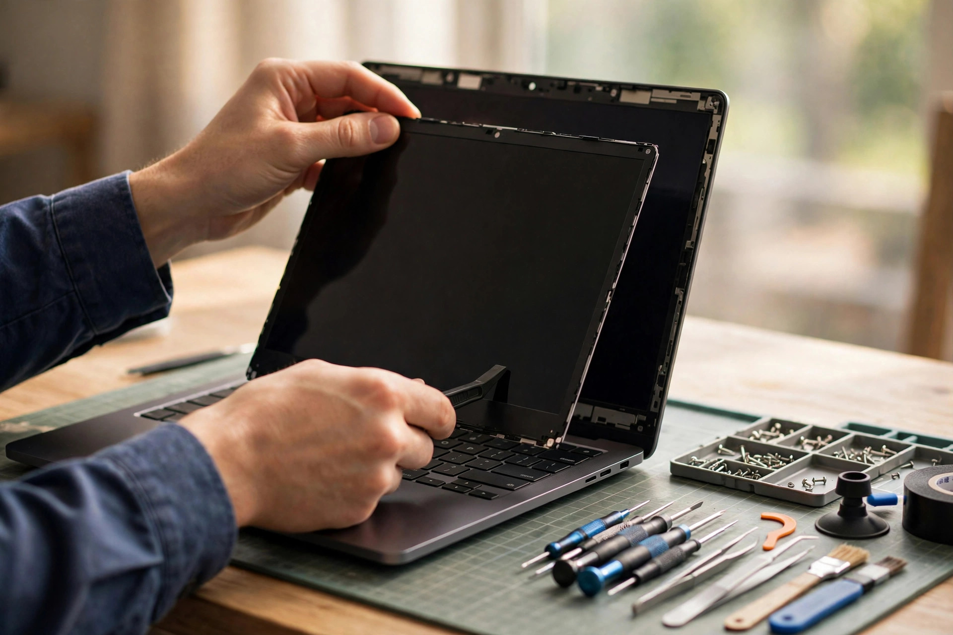 A technician’s hands installing a replacement laptop screen on a clean repair bench, precision tools arranged nearby
