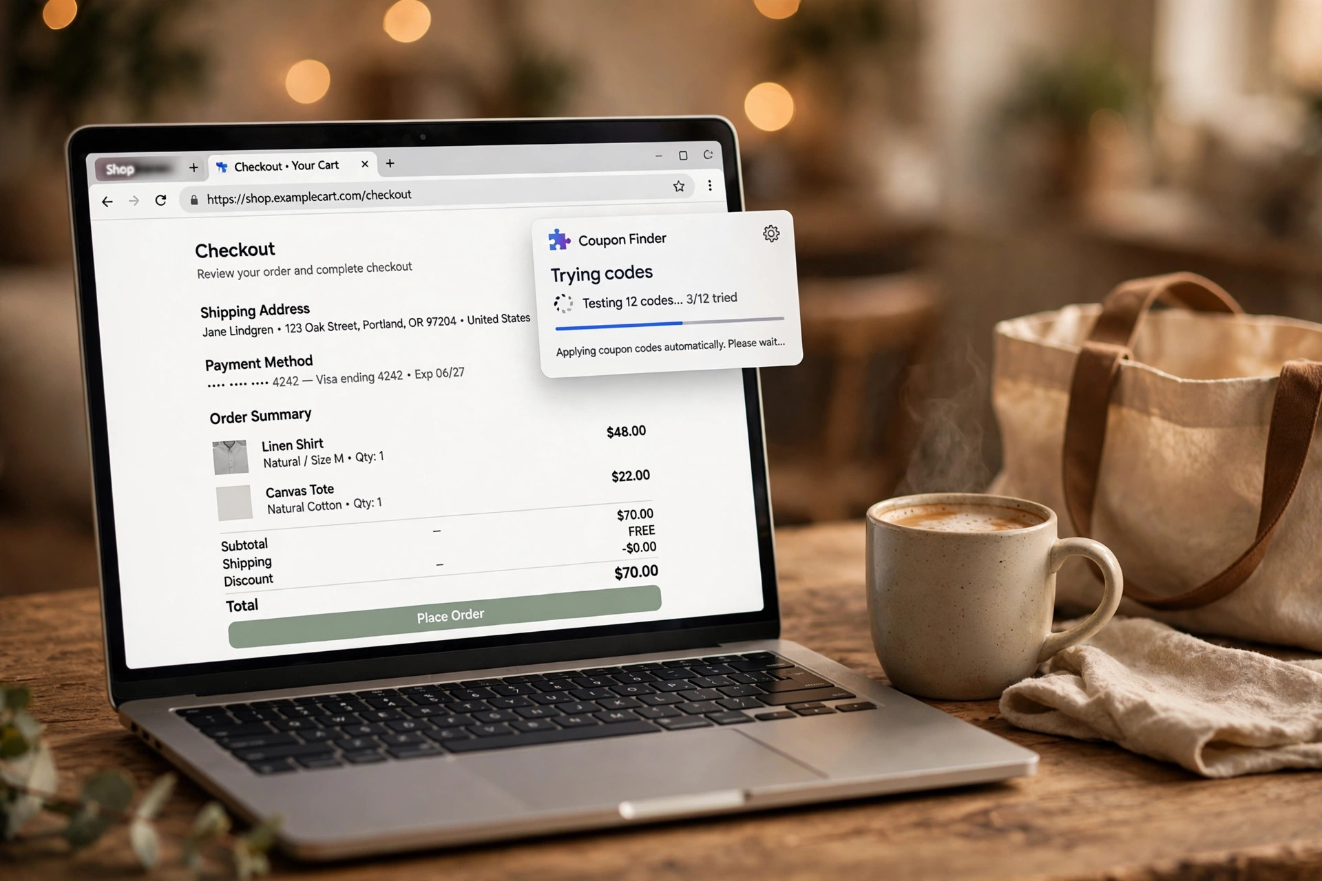 A laptop on a wooden desk showing a checkout page while a coupon-extension pop-up tests promo codes, a warm coffee mug beside it