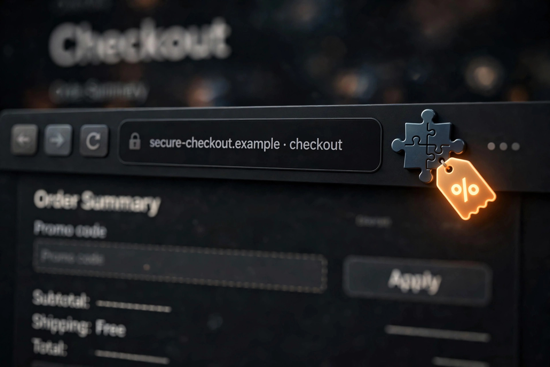 Close-up of a browser toolbar with a puzzle-piece extensions icon and a glowing coupon tag beside a checkout promo-code field