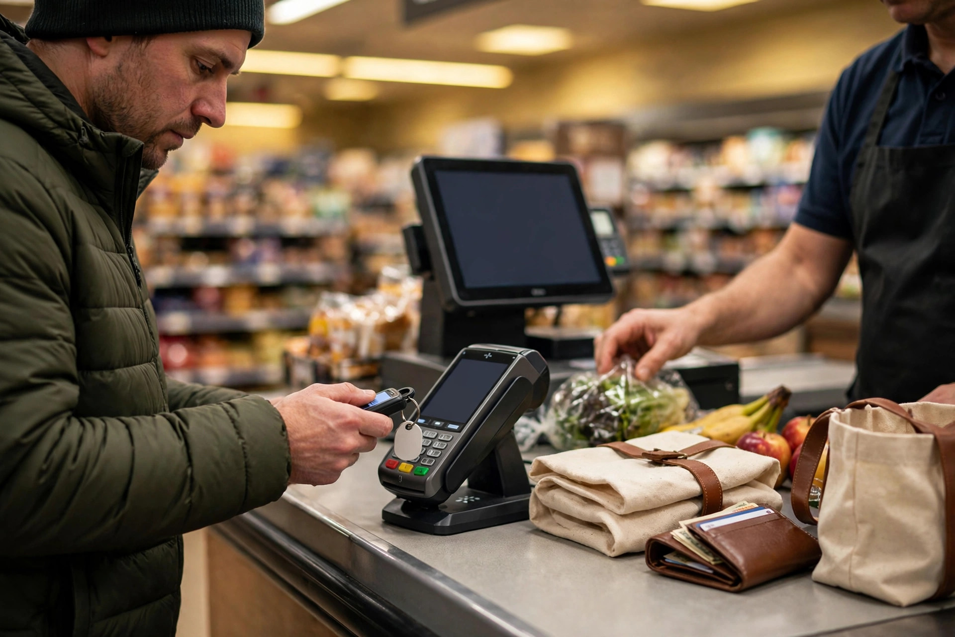 A shopper at a grocery checkout scanning a loyalty key tag at the payment terminal, wallet and reusable shopping bags on the counter
