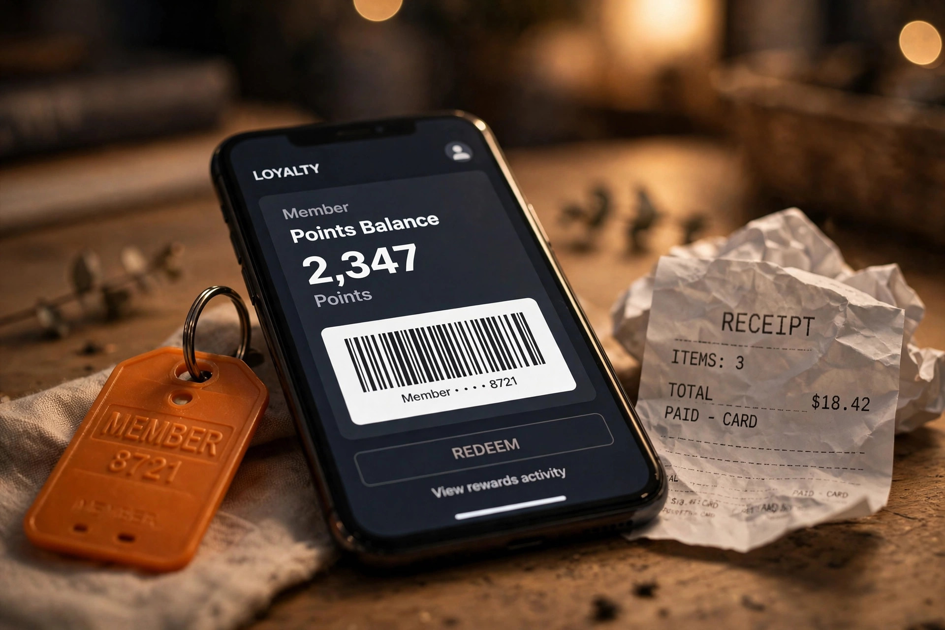 A smartphone showing a store loyalty app with a 2,347-point balance and member barcode beside a key tag and a crumpled receipt