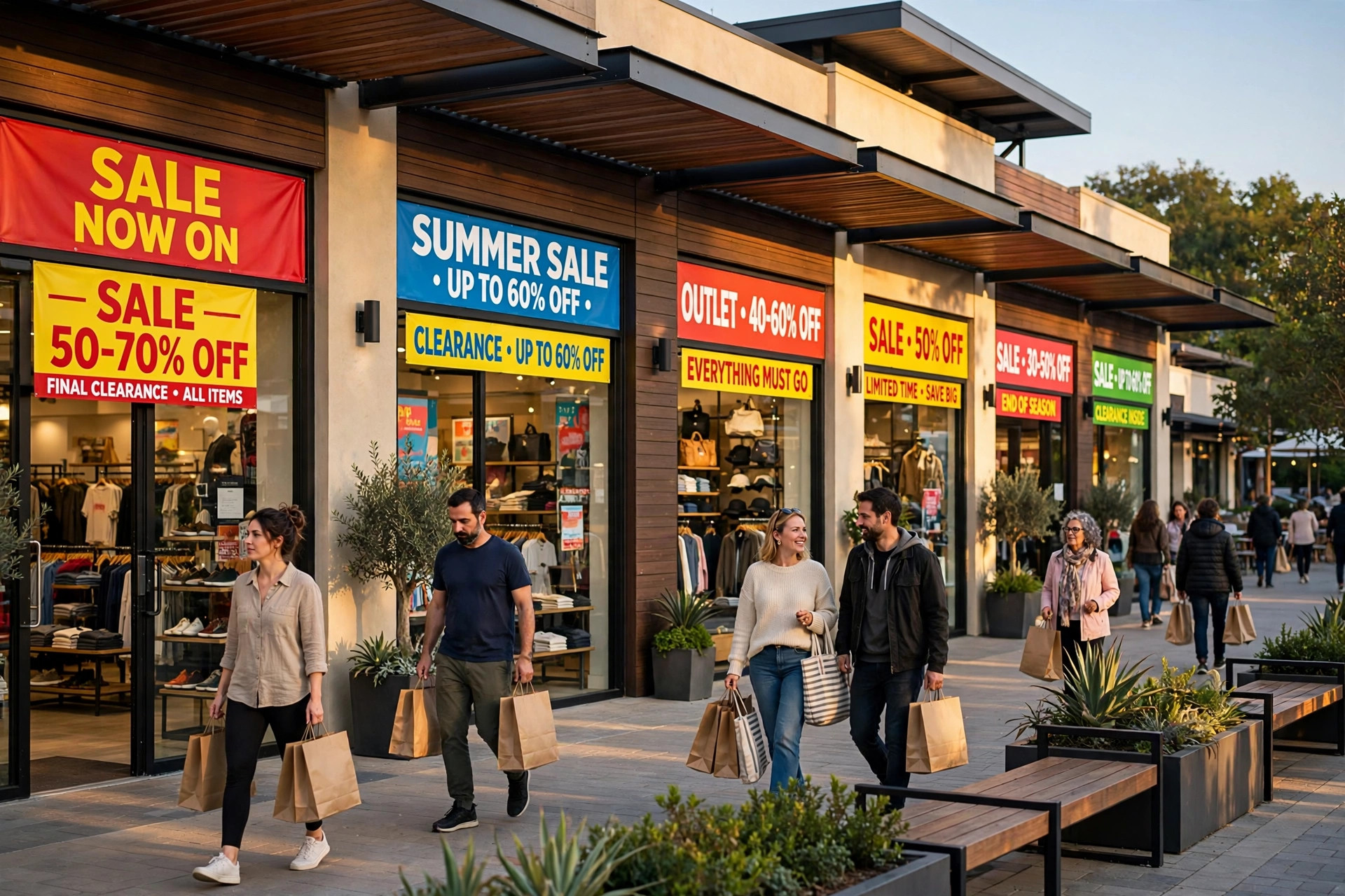 A row of outlet storefronts with big sale banners in their windows, shoppers strolling the open-air walkway with bags in the late-afternoon sun