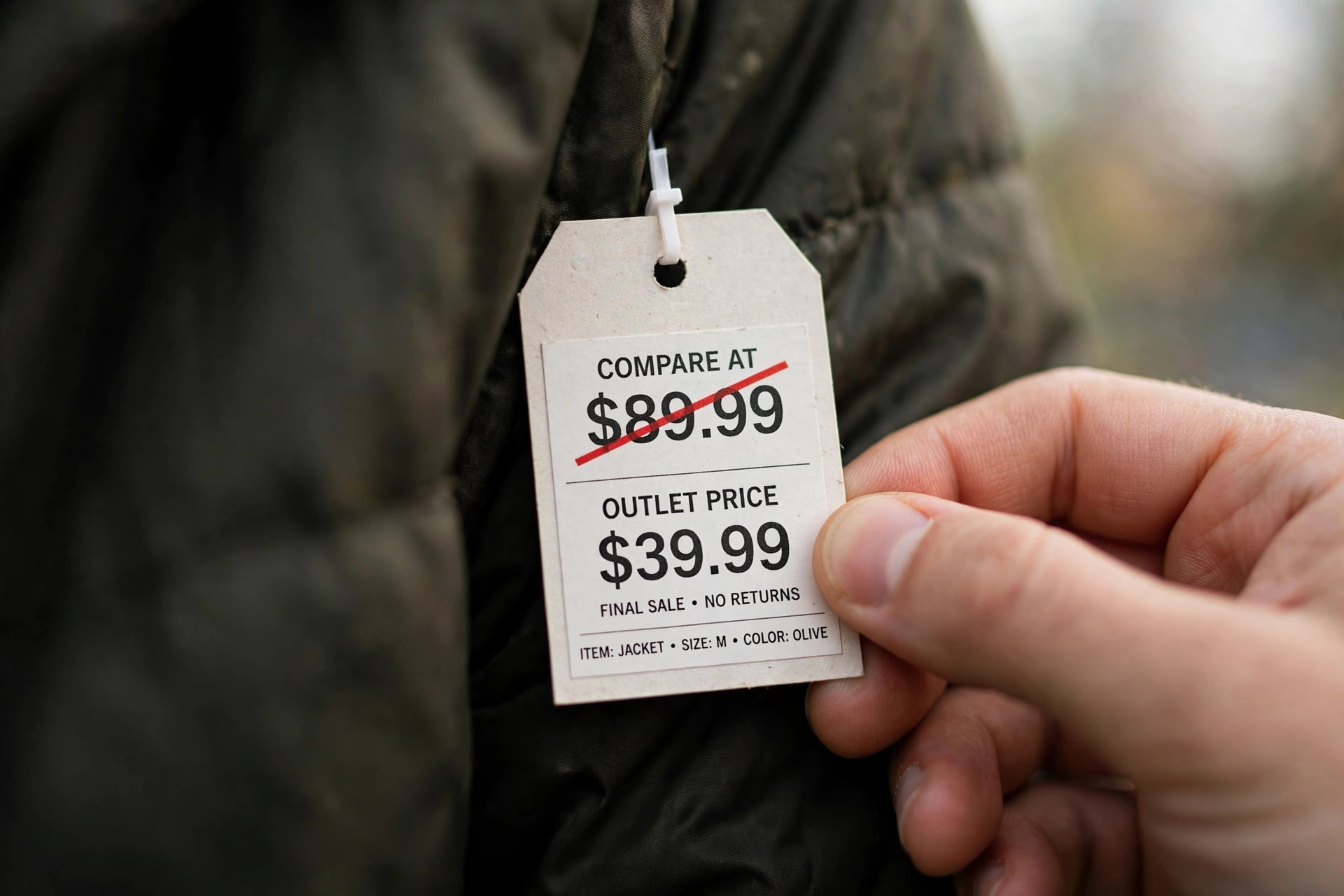 Close-up of a clothing price tag showing a high compare-at price crossed out above the lower outlet price