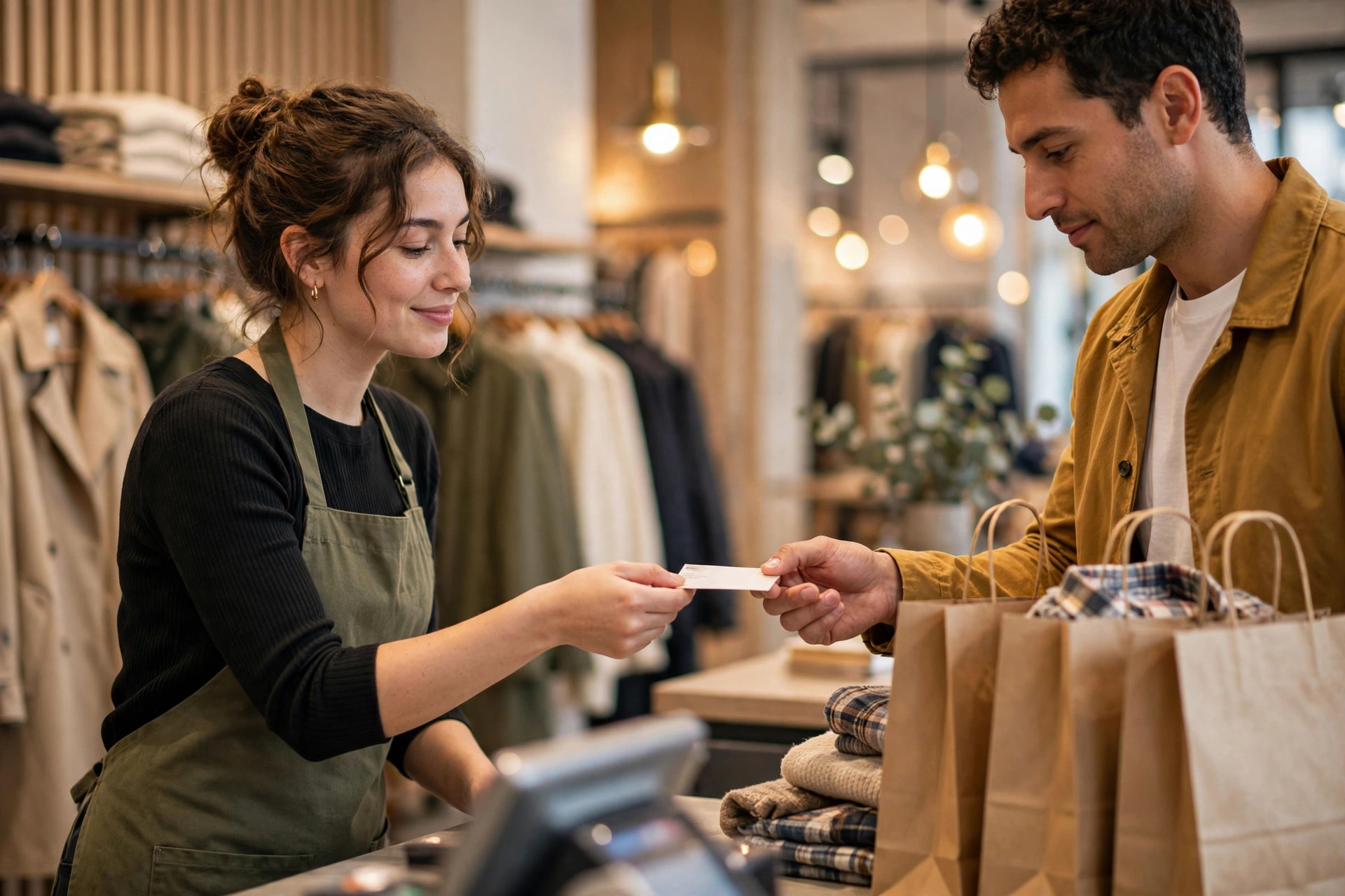 A cashier at a retail checkout counter handing a store credit card signup form toward a customer with shopping bags beside them