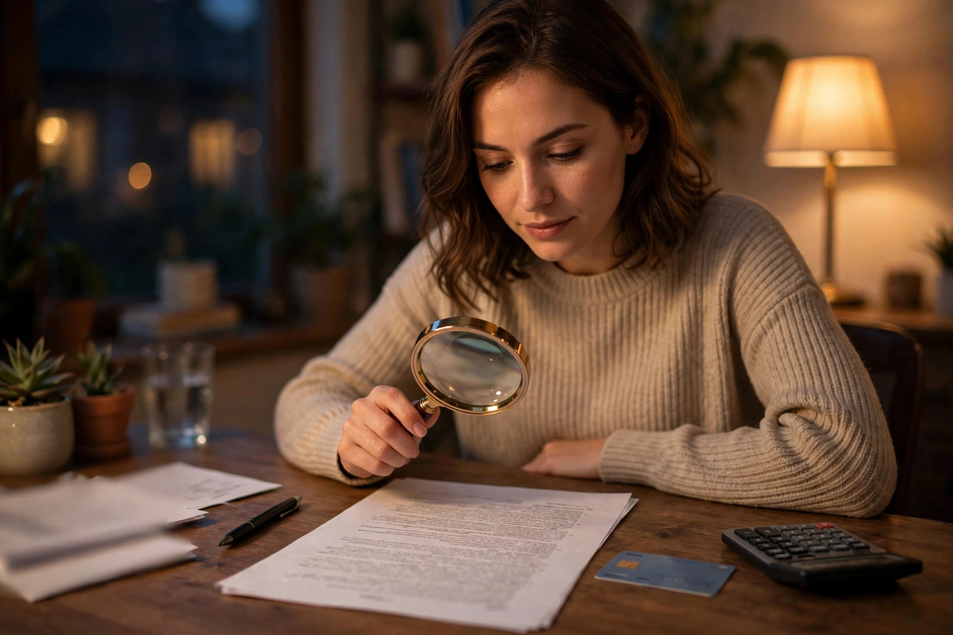 A person at a home desk in the evening reading fine-print paperwork with a magnifying glass, a store credit card and calculator nearby