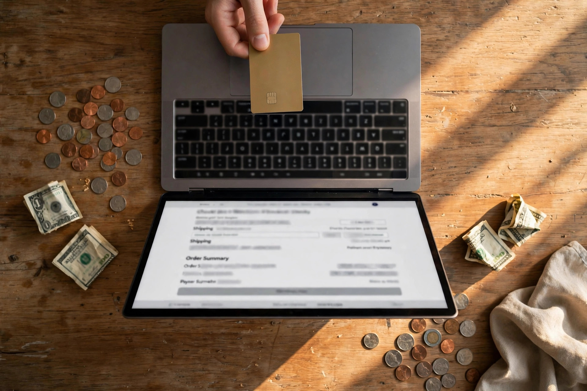 Overhead view of a laptop at an online checkout, a hand holding a credit card, with coins and dollar bills scattered on the desk