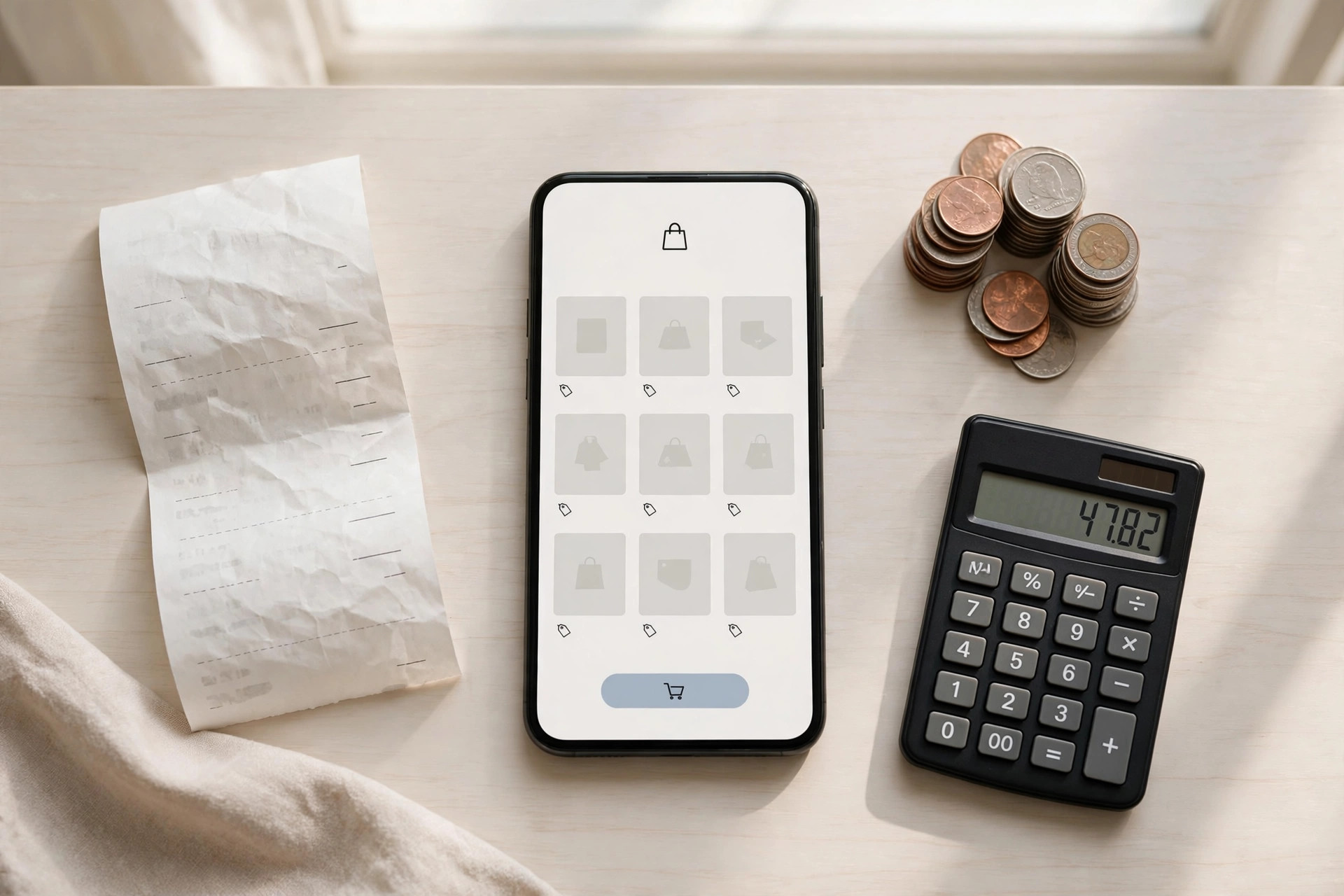 Flat-lay of a smartphone with a shopping app, a store receipt, a stack of coins, and a calculator on a desk