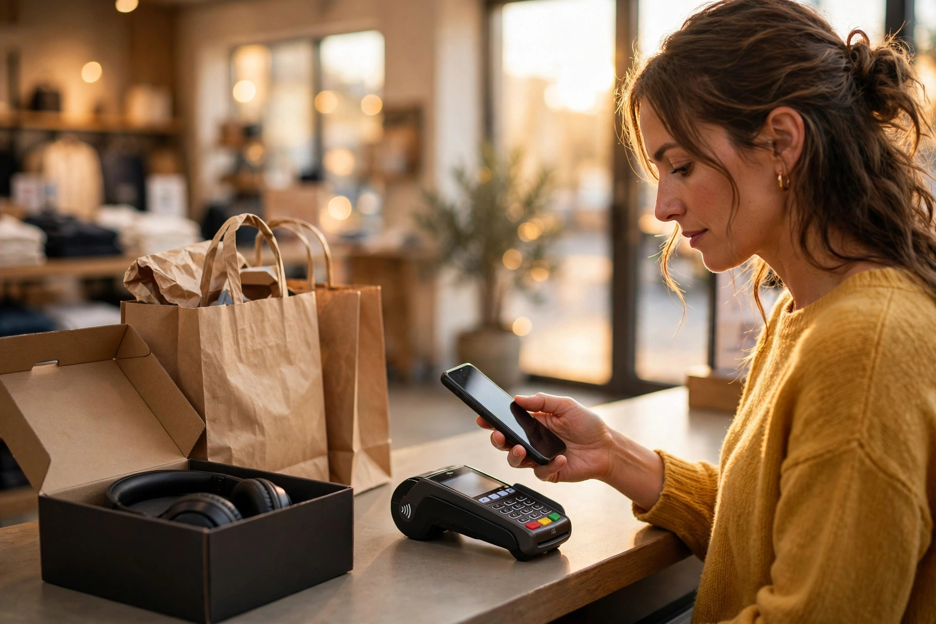 A woman at a store checkout counter paying with her smartphone over a payment terminal, shopping bags beside her