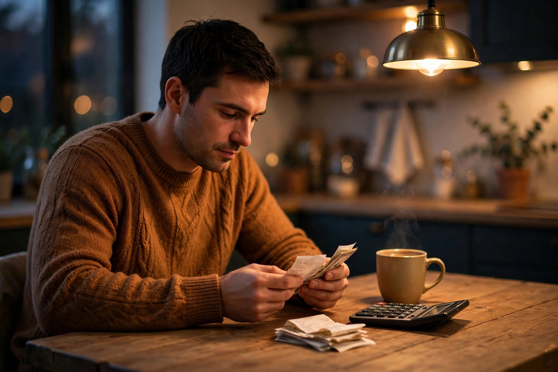 A man at a kitchen table in the evening reviewing paper receipts with a calculator and coffee nearby