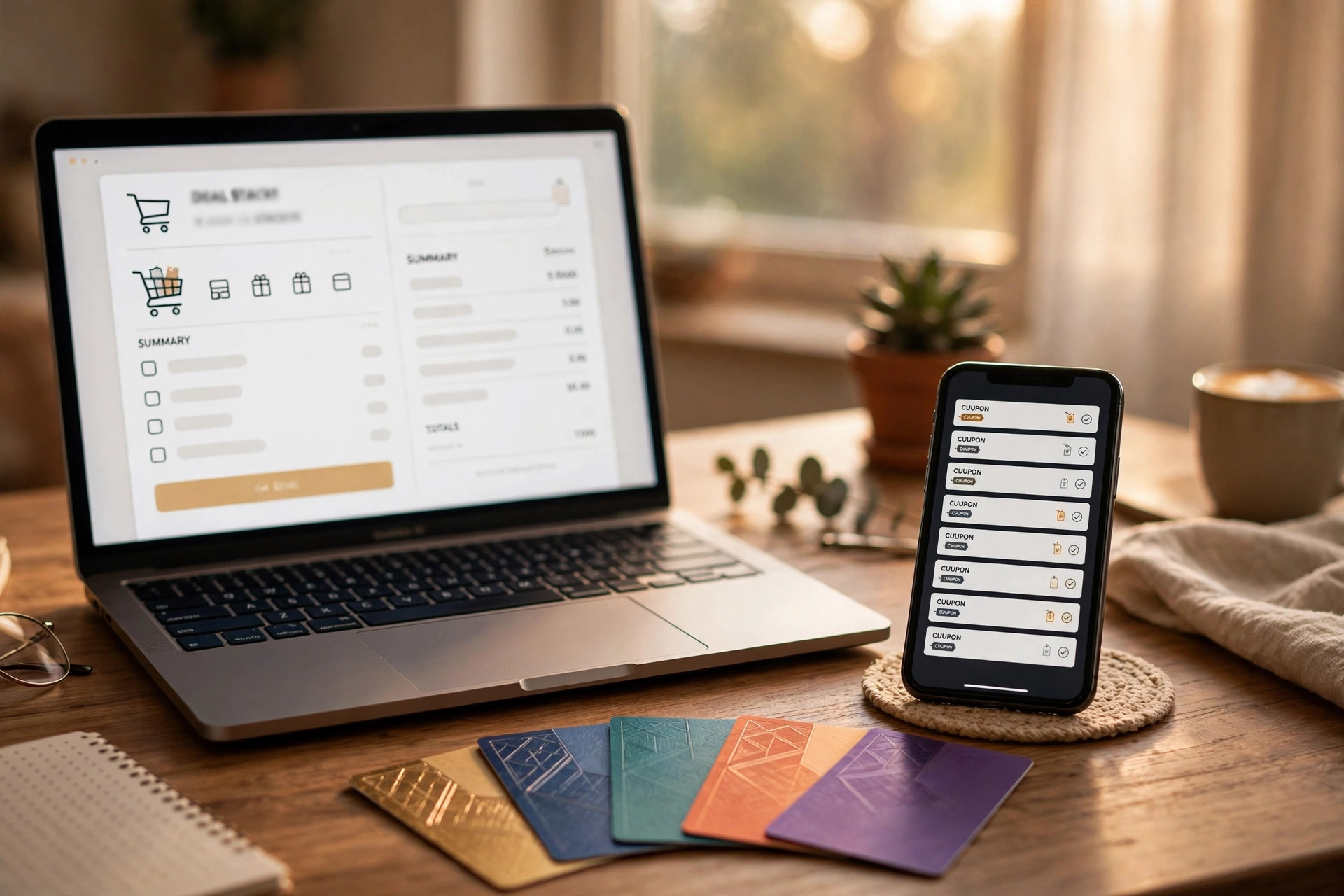 A laptop showing a checkout page, a phone with coupon codes, and a fan of gift cards on a warm wooden desk