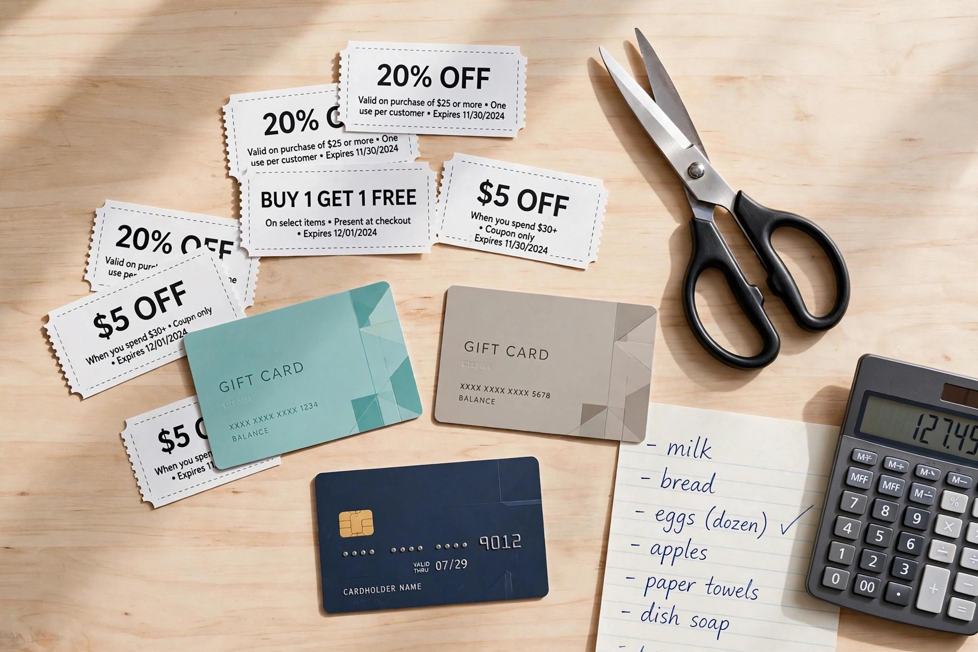 Paper coupons, scissors, two gift cards, a credit card, and a calculator arranged on a light wooden table