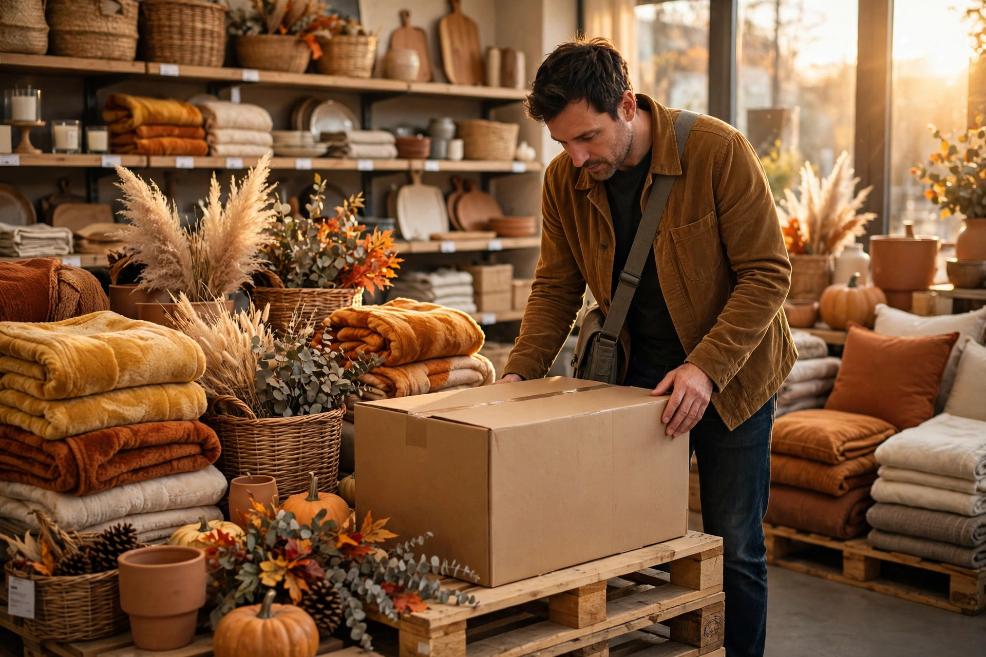 A shopper in a home goods store in autumn light, looking over a large box on a seasonal display