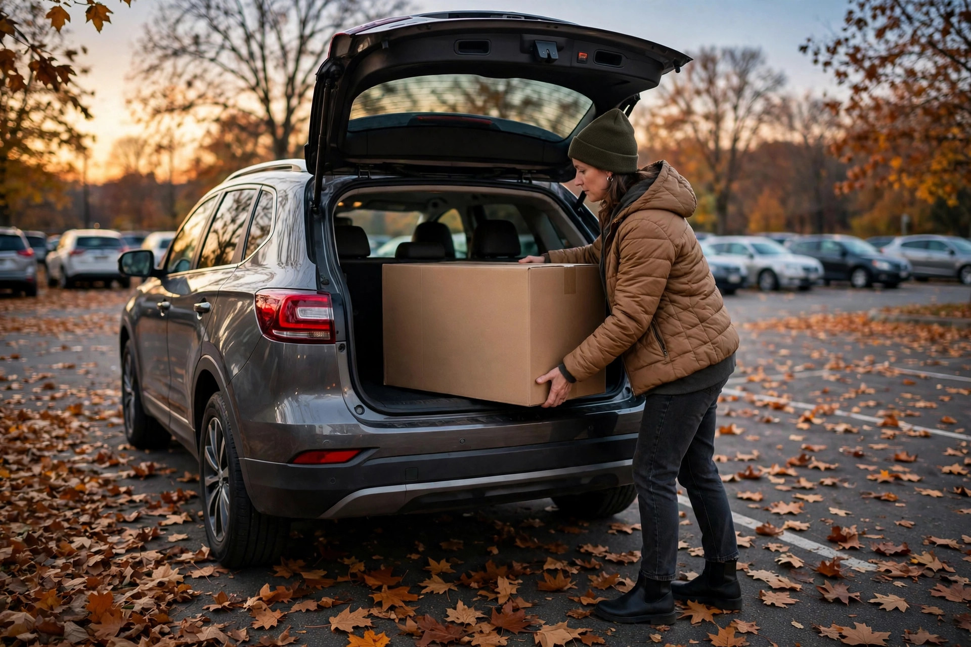 A shopper loading a large boxed television into a car in a parking lot covered in autumn leaves at dusk
